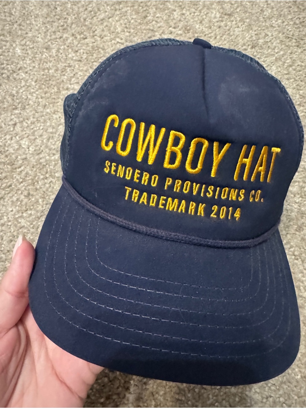 Cowboy Hat Embroidered Trucker Cap in Navy with Yellow Lettering